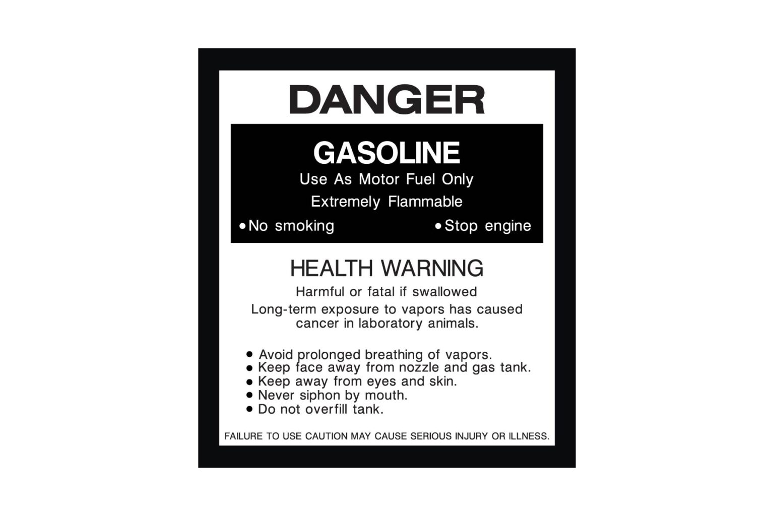Danger Gasoline Health Warning Decal