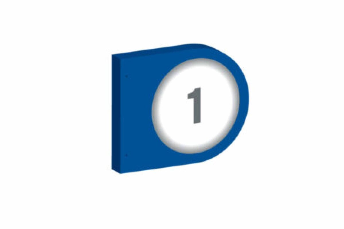 Blue number one sign with white circle.