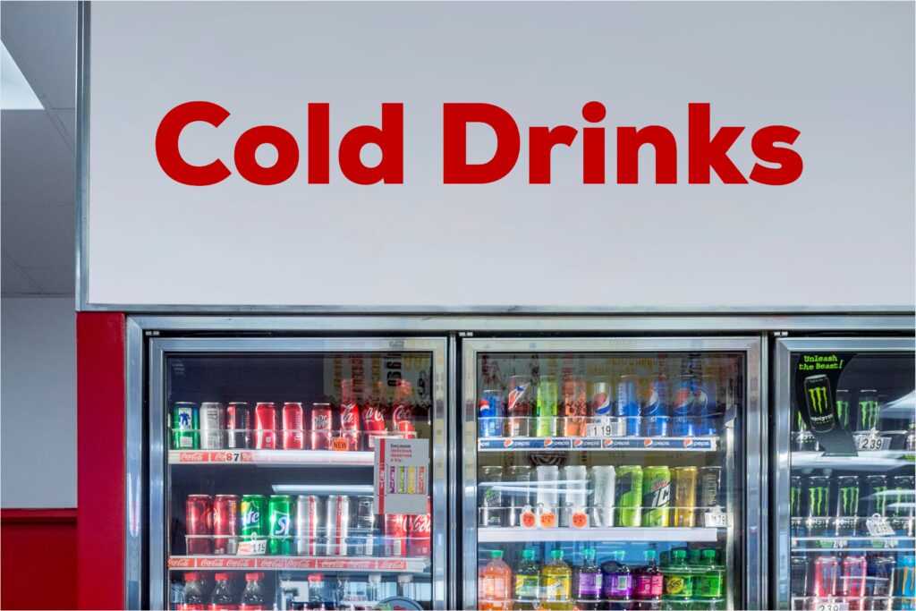 Cold drinks refrigerator display.