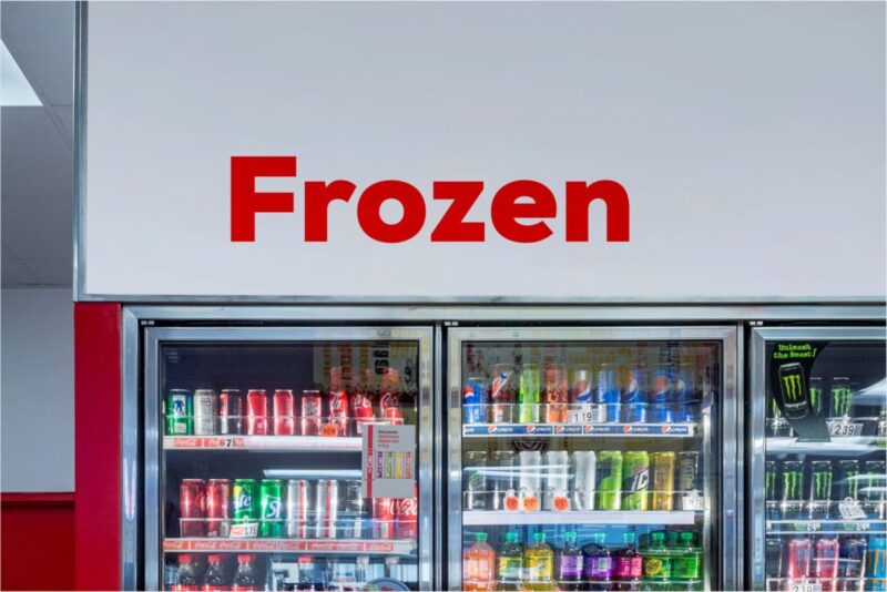 Red sign: Frozen drinks cooler.