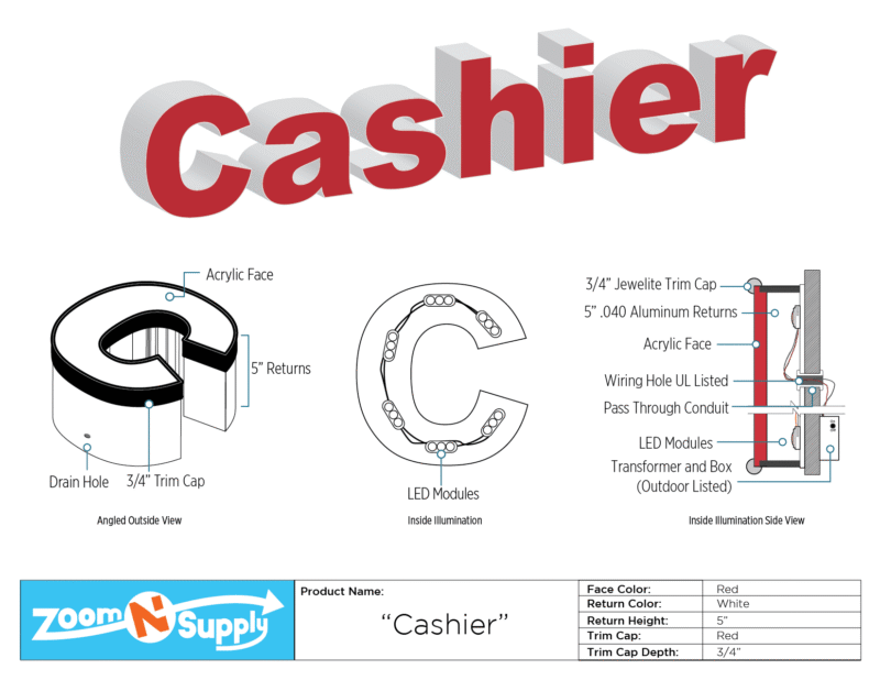 Red illuminated "Cashier" sign diagram.