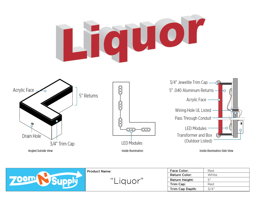 Liquor sign diagram, red, 5" high.