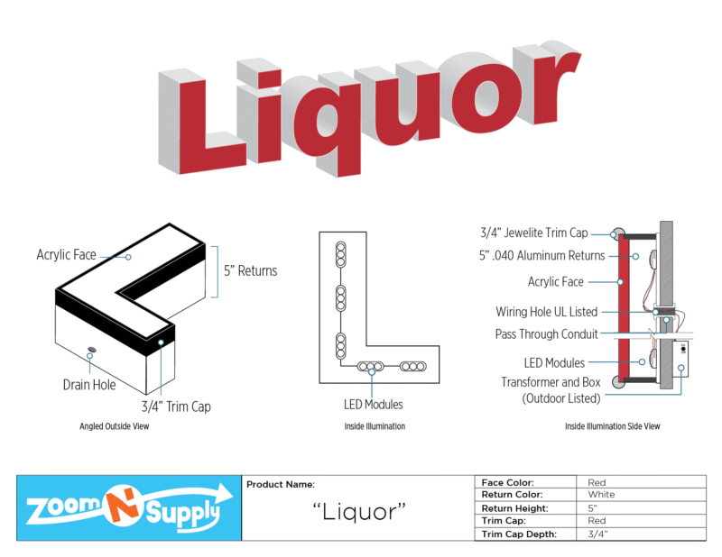 Liquor sign diagram, red, 5" high.