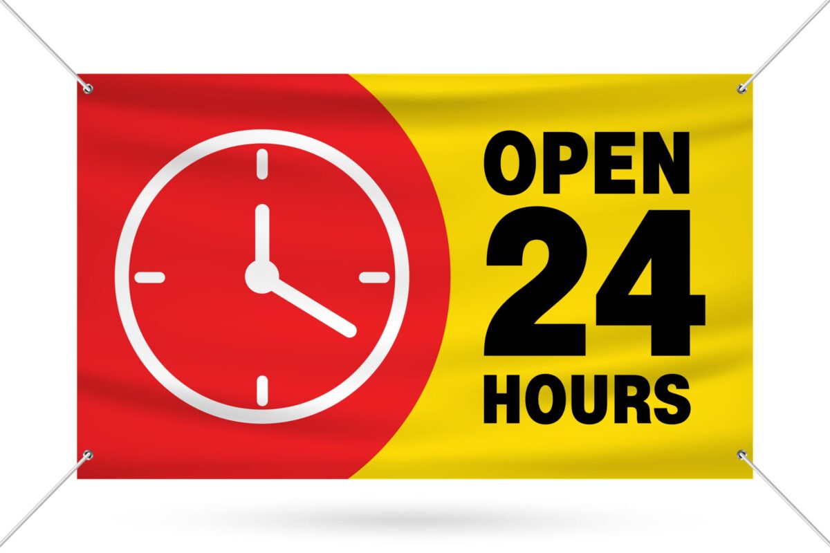 Open 24 Hours Vinyl Banner 3x5