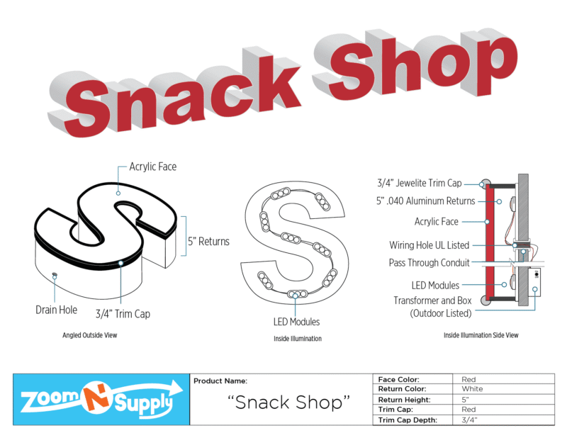 "Snack Shop" illuminated sign diagram.
