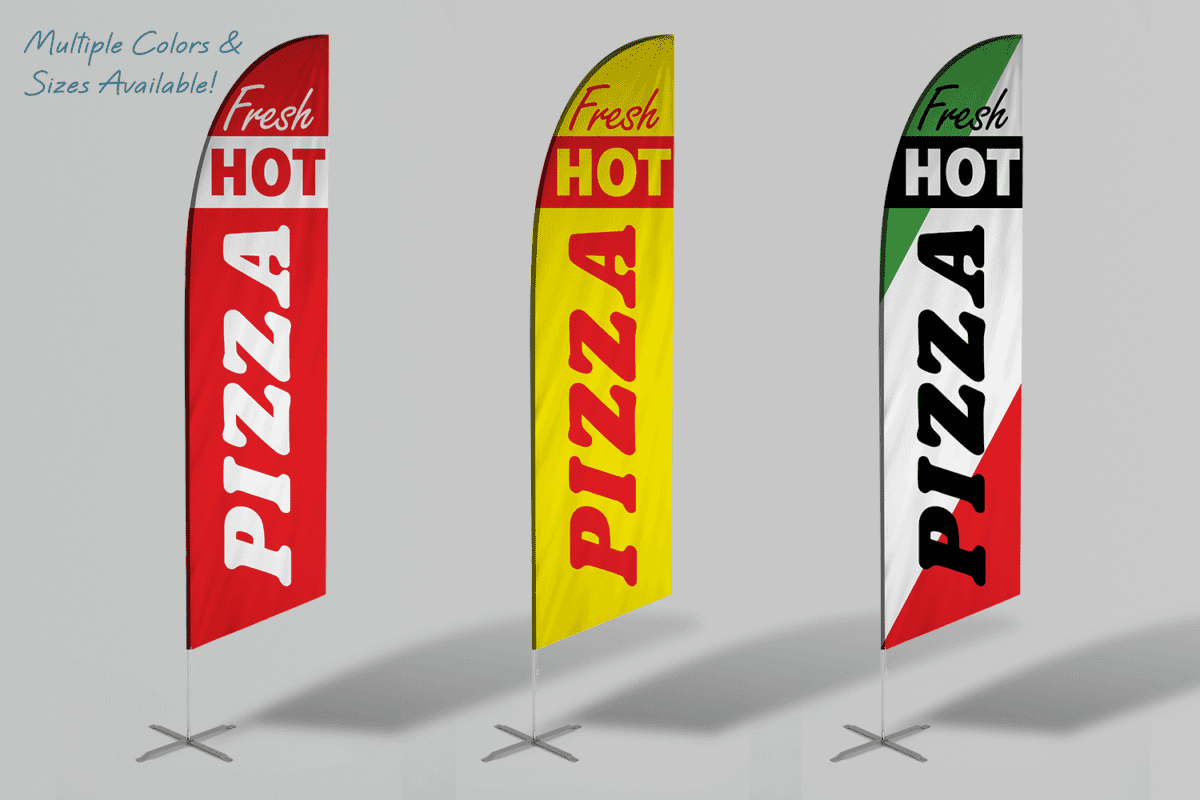 Here's an alt tag for the image: Three pizza flags, red, yellow, Italian.