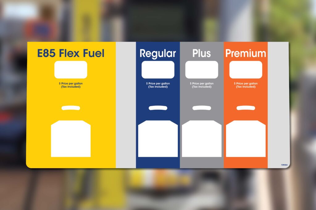 Gas price board: E85, Regular, Plus, Premium.
