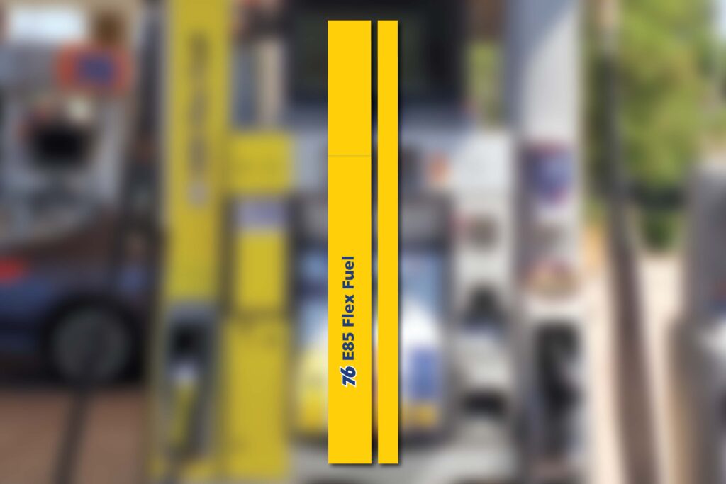 76 E85 Flex Fuel pump signage.