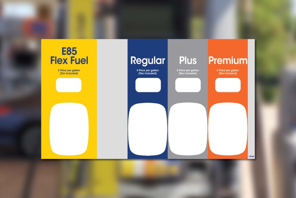 Gas price sign: E85, Regular, Plus, Premium.