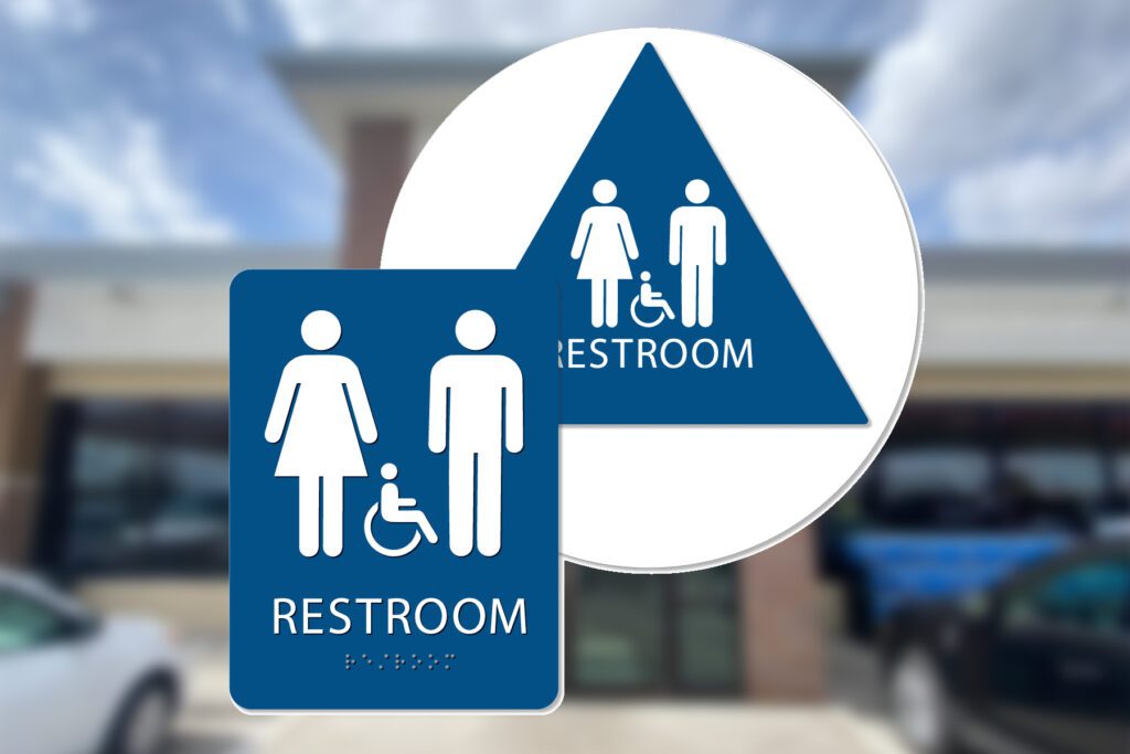 Accessible restroom sign with symbols.