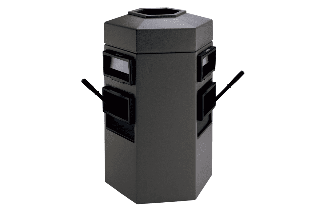Here's an alt tag for the image: Gray outdoor multi-compartment receptacle.