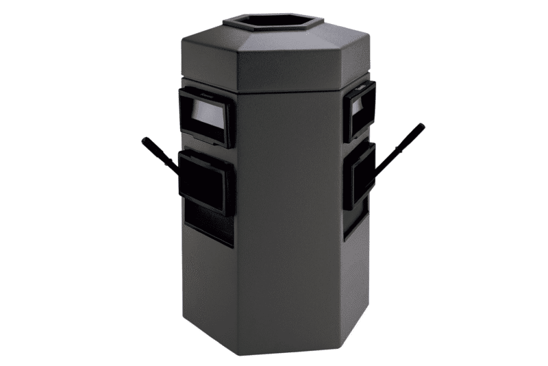 Here's an alt tag for the image: Gray outdoor multi-compartment receptacle.