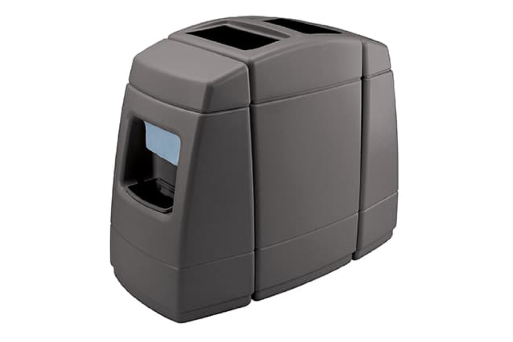 Gray three-compartment recycling bin.
