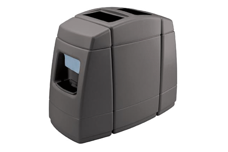 Gray three-compartment recycling bin.