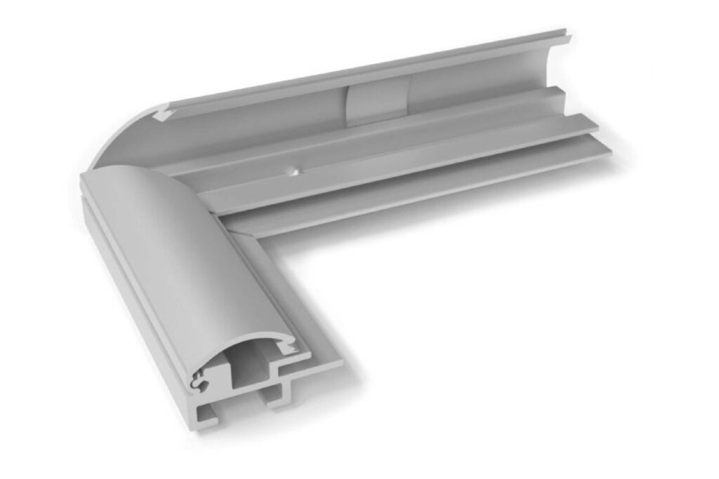 Corner detail of aluminum frame profile.