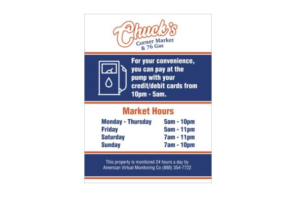 “For Your Convenience…” – Chuck’s Corner Market – 26 x 36 – Perforated Window Cling