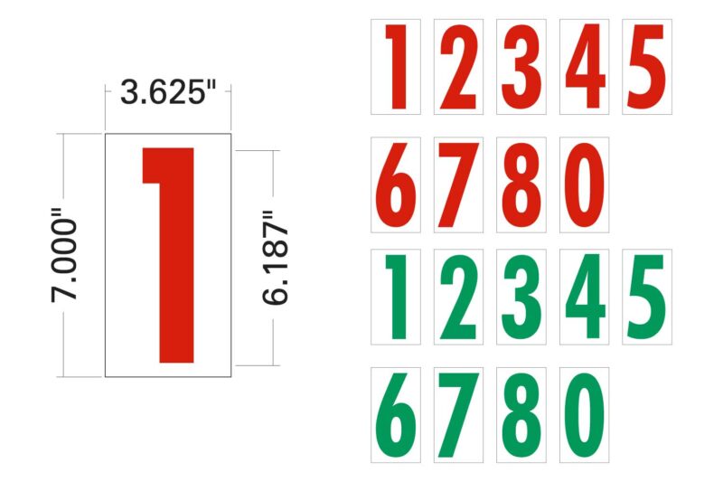 Red and green number stickers, various sizes.