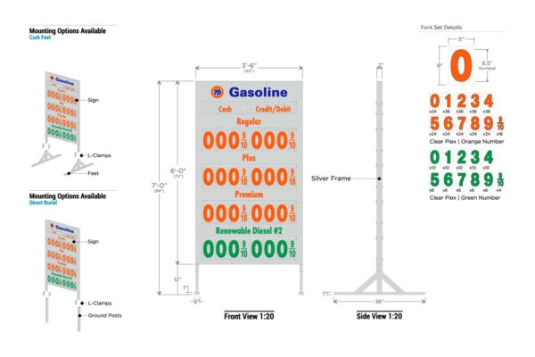 8 piece 76 Metal Price Sign, two mounting options, one front view, one side view and the font set in both orange and green - dimensions included throughout photo
