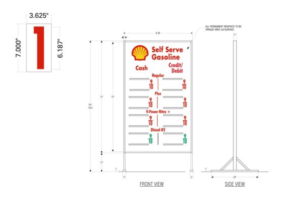 8 piece shell metal price sign, singular font example on left, front view in center with a side view on the right- white - dimensions included throughout photo