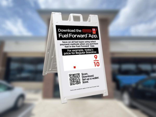 Conoco Fuel Forward App sign with QR code.