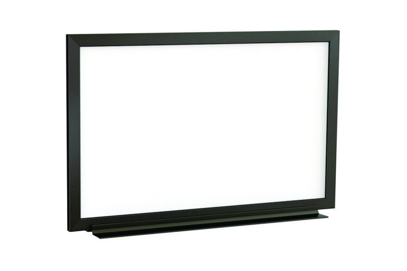 Black framed whiteboard with stand.