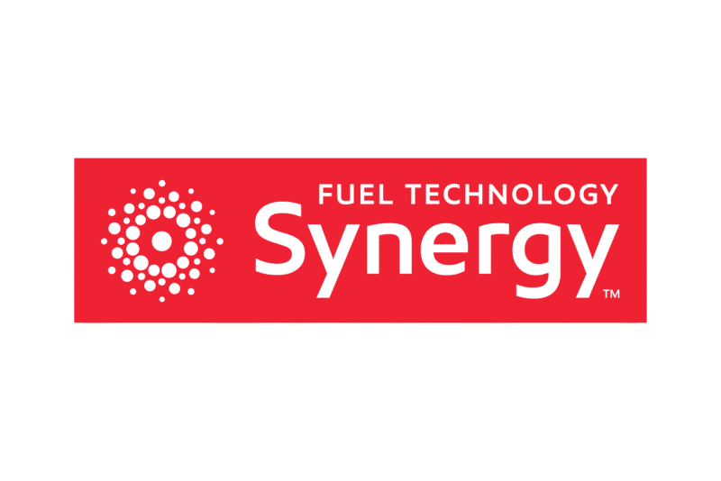 Synergy Fuel Technology logo on red background.