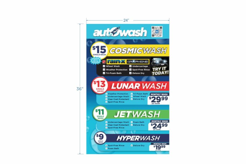 Car wash price list with different options.