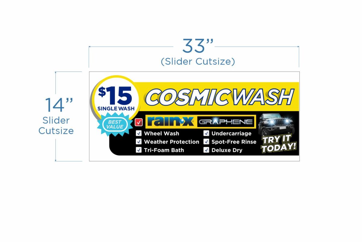 Cosmic Wash car wash sign with $15 offer.