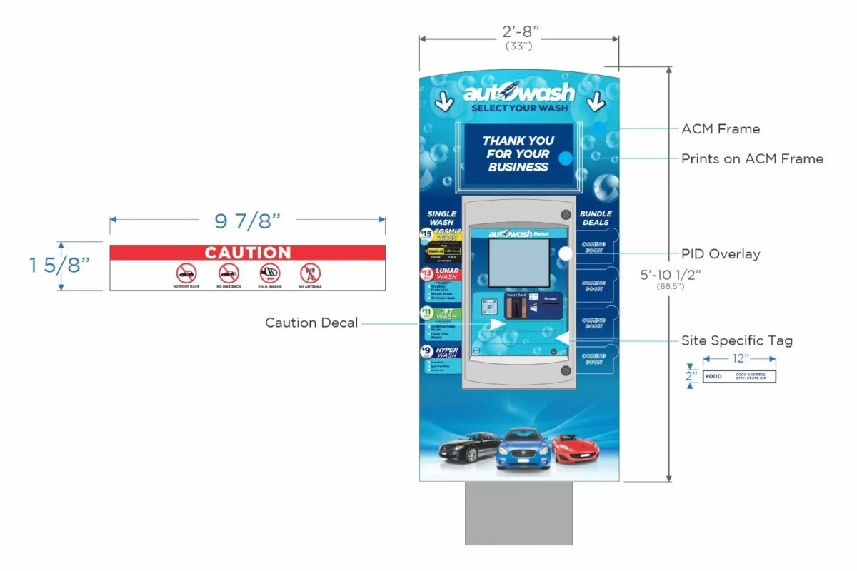 Car wash kiosk with caution decal and prices.