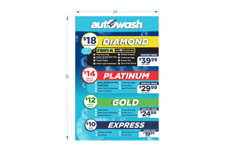 Car wash price list with package options.