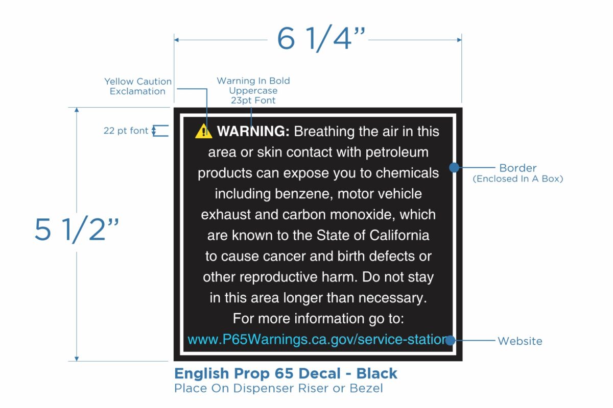 Prop 65 Decal in English. White text on Black background 22pt