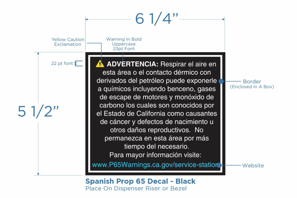 Prop 65 Decal in Spanish. White text on Black background 22pt