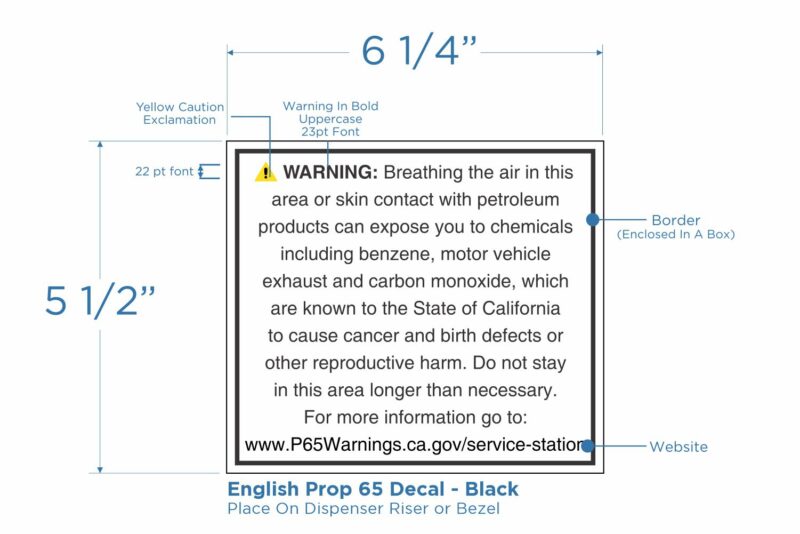 Prop 65 Decal in English. Black text on White background 22pt