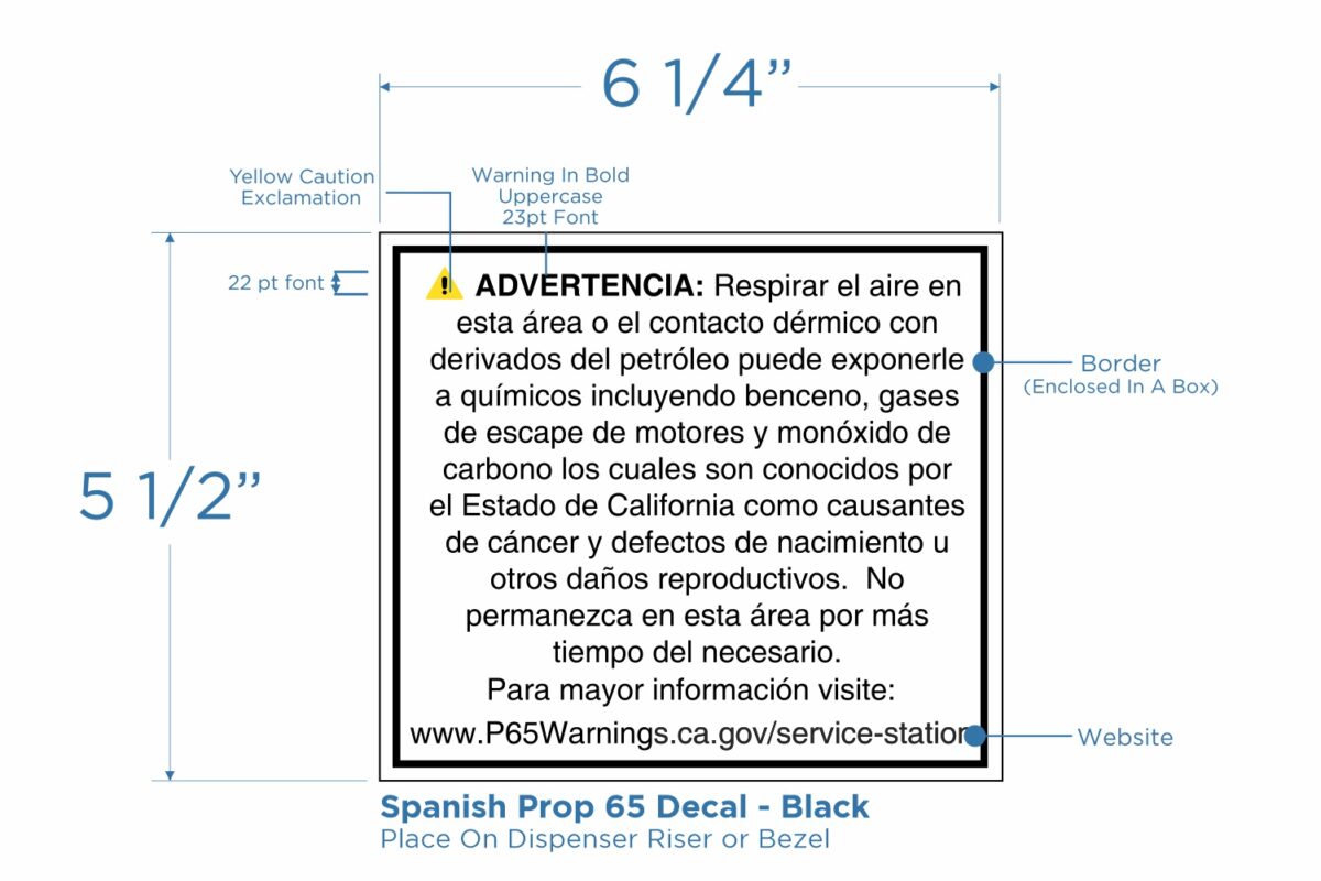 Prop 65 Decal in Spanish. Black text on White background 22pt