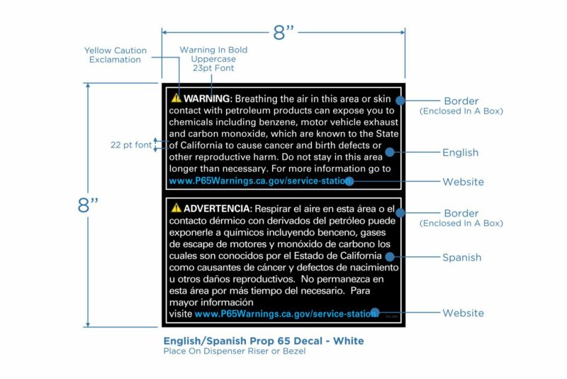 Prop 65 Decal in English and Spanish. White text on Black background 22pt