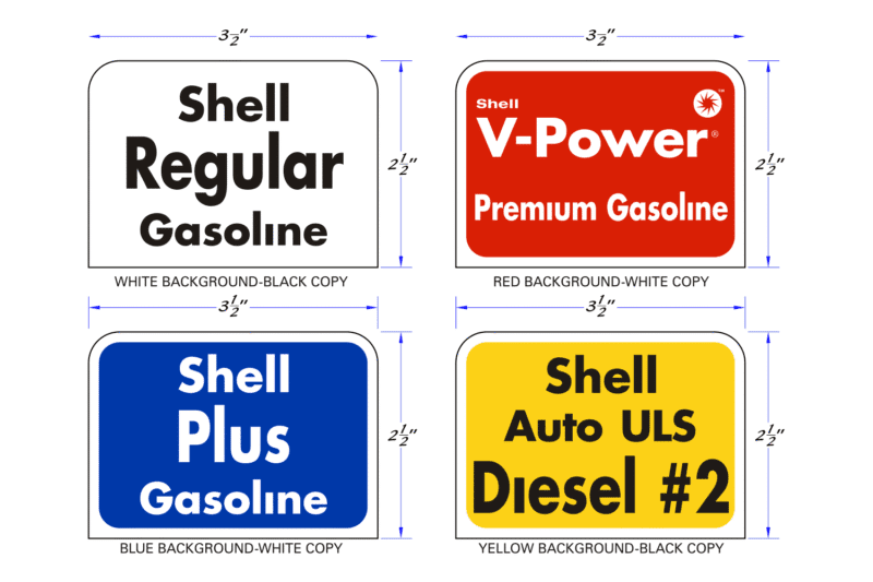Four Shell gas pump signs with different types of fuel.