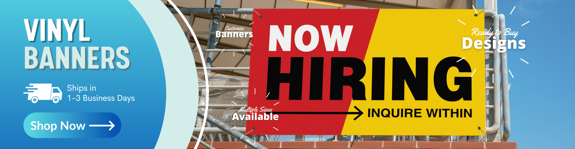 Now hiring banner with inquire within.