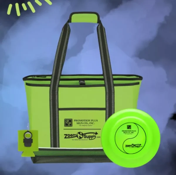 Green tote bag with a green frisbee.