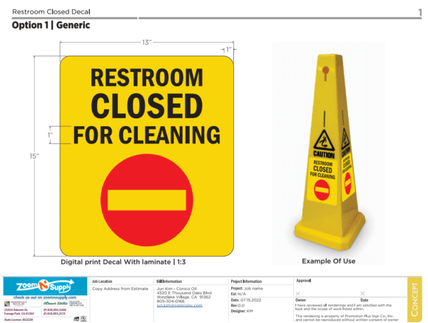 Yellow restroom closed for cleaning sign with cone.