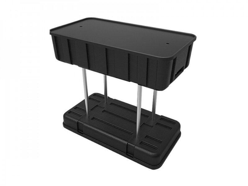 Black plastic two-tiered display stand.