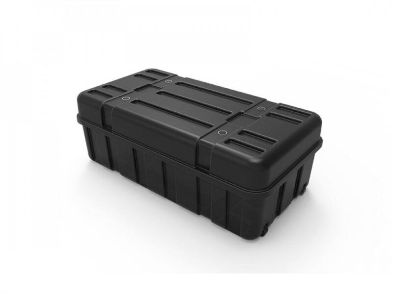 Black plastic storage case with wheels.