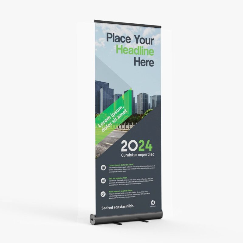 2024 retractable banner with city skyline.