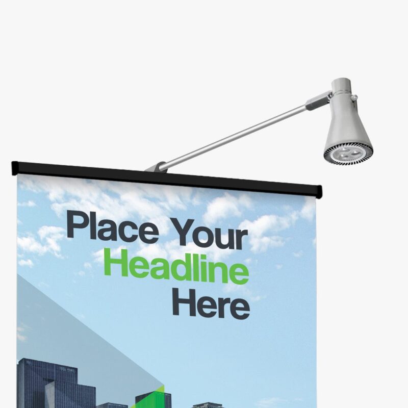Here's an 8-word alt tag for the image: Lit retractable banner with headline placeholder.