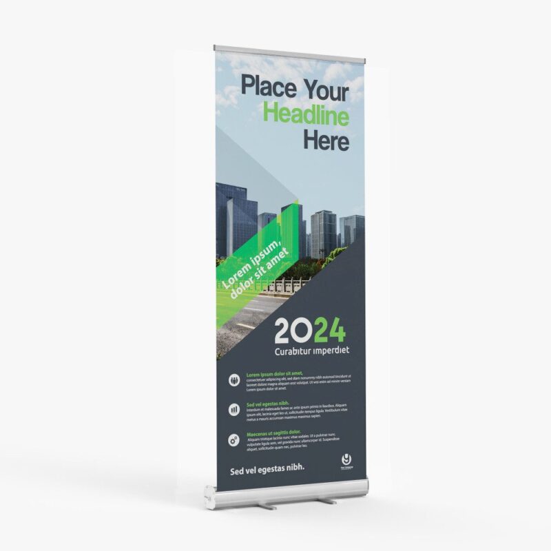 2024 retractable banner, city skyline.