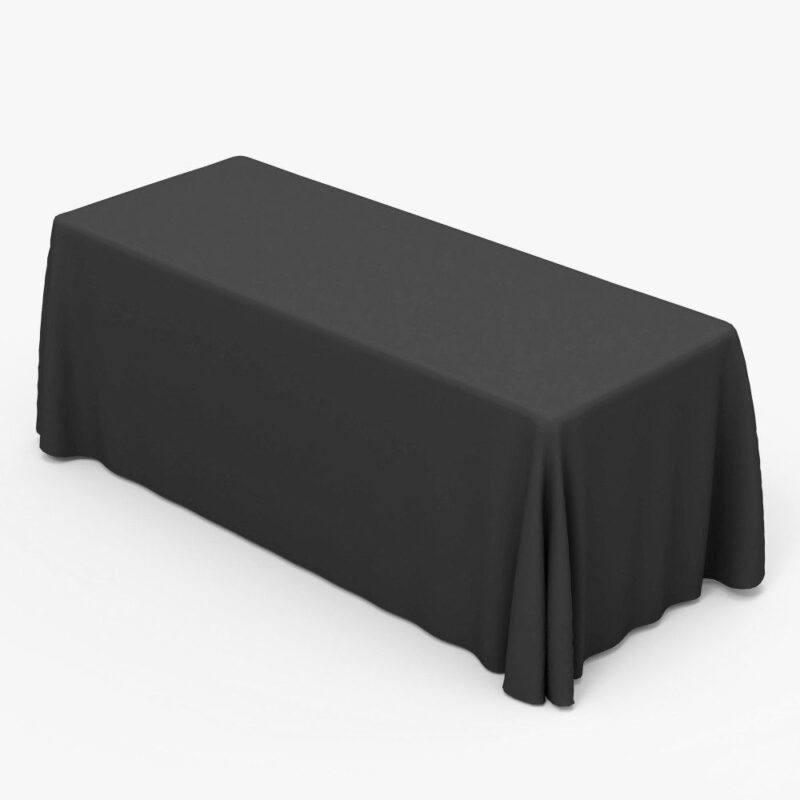 Black rectangular tablecloth on table.