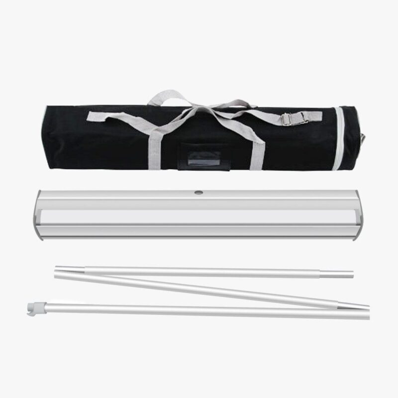 Retractable banner stand with carrying case.