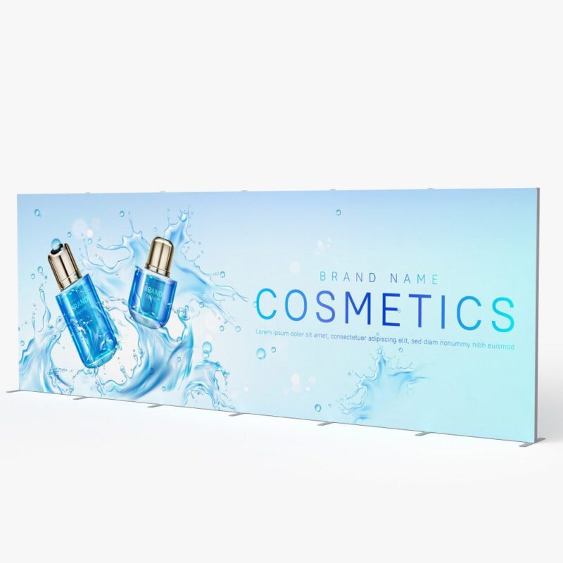Here's a concise alt tag for the image: Blue cosmetic bottles in water splash.