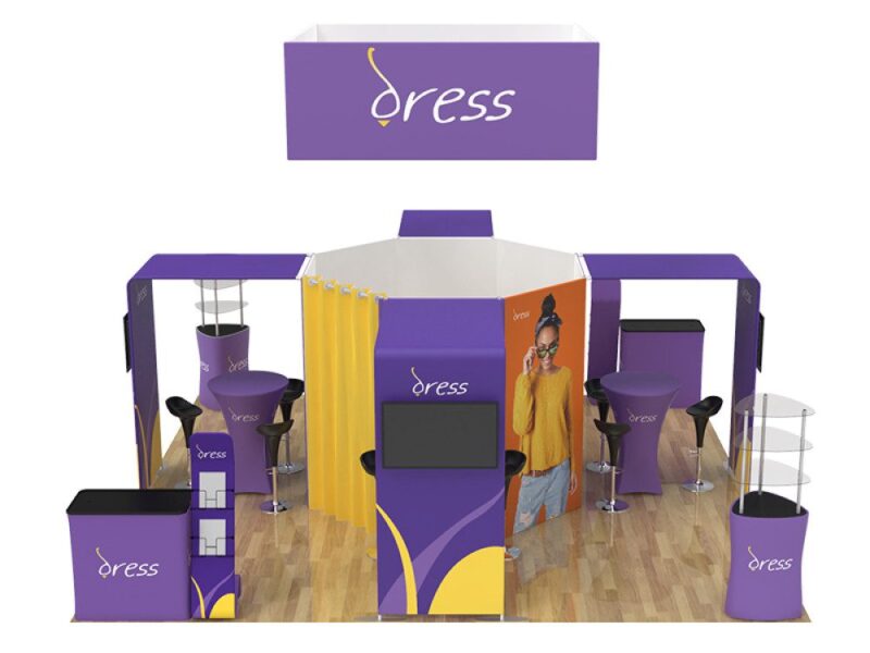 Purple trade show booth, Dress brand.