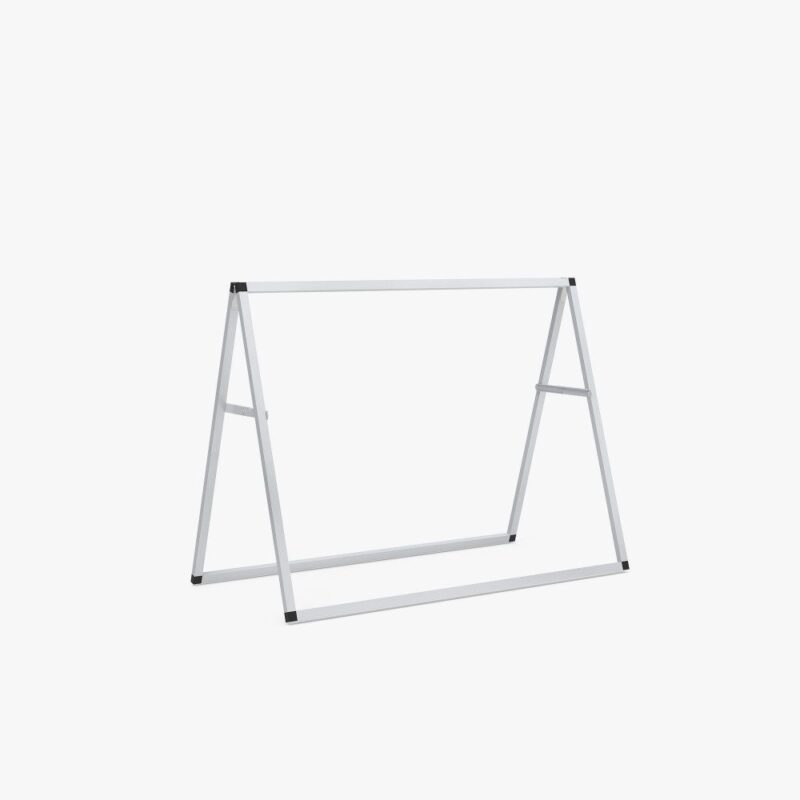 White metal A-frame clothing rack.