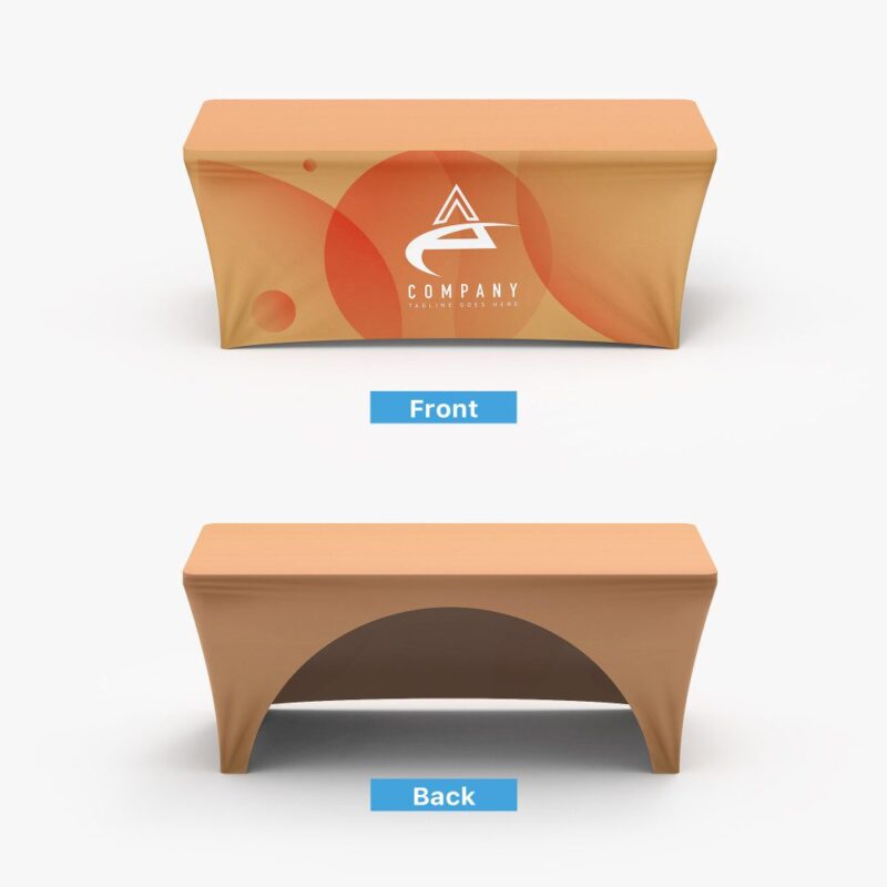 Printed table cover, front and back views.